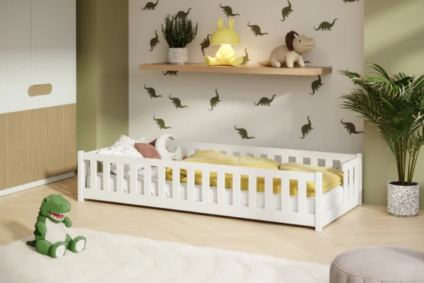 Λευκό κρεβάτι Zoya Montessori από μασίφ ξύλο, κάθετα κάγκελα, 90x200cm.