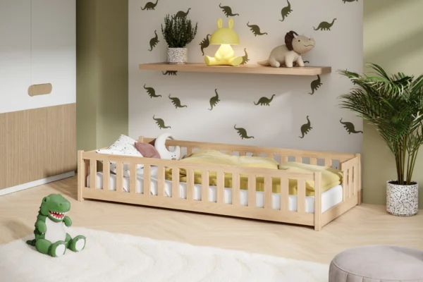 Κρεβάτι Montessori Zoya από μασίφ ξύλο Natural 90x200cm με κάθετα κάγκελα.