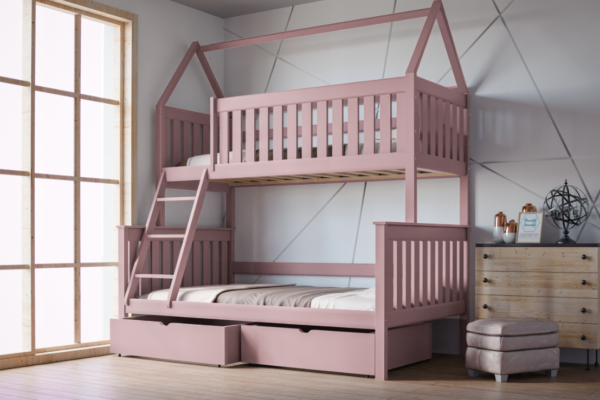 Κουκέτα Alvin White με ημίδιπλο: Μονή-ημίδιπλη κουκέτα με συρτάρια από μασίφ ξύλο, διαστάσεων 90/120x200cm.