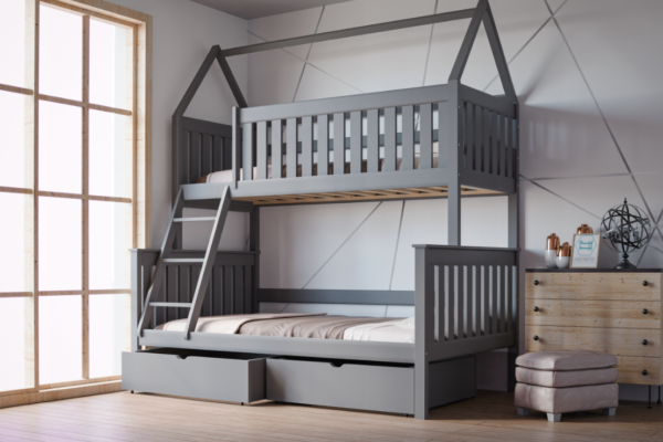 Κουκέτα Alvin White με ημίδιπλο: Γκρι κουκέτα από μασίφ ξύλο με συρτάρια και σκάλα.