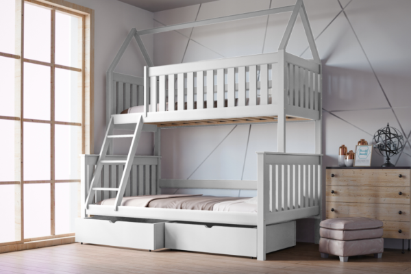 Κουκέτα Alvin White με ημίδιπλο και συρτάρια από μασίφ ξύλο, διαστάσεων 90/120x200cm.