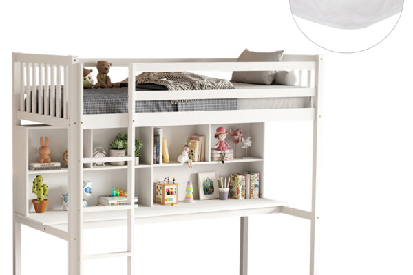 Υπερυψωμένο κρεβάτι Libro με γραφείο και βιβλιοθήκη, λευκό, από μασίφ ξύλο.