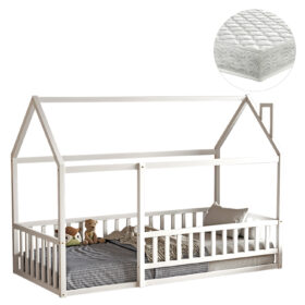 Λευκό ξύλινο κρεβάτι Montessori 90x190 με κάγκελα και στρώμα