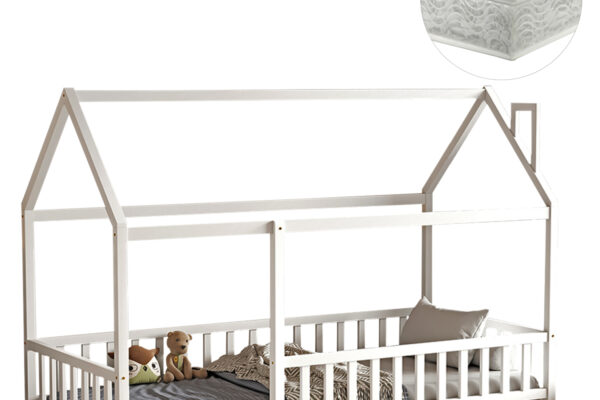 Λευκό ξύλινο κρεβάτι Montessori 90x190 με κάγκελα και στρώμα