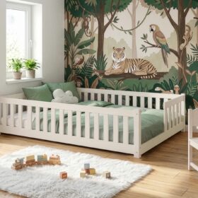 Κρεβάτι Montessori Levi από μασίφ ξύλο, κάθετα κάγκελα, διάσταση 140x200cm.