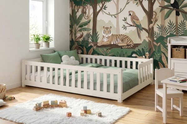 Κρεβάτι Montessori Levi από μασίφ ξύλο, κάθετα κάγκελα, διάσταση 140x200cm.