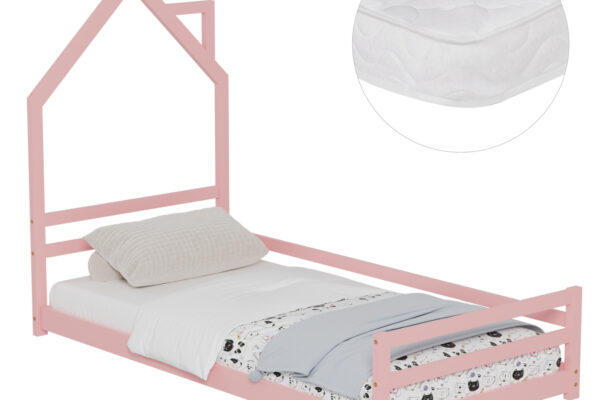 Ροζ ξύλινο κρεβάτι Montessori Houser με στρώμα 90x190cm