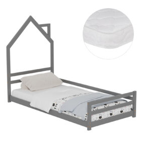 Κρεβάτι παιδικό HOUSER Montessori Grey από μασίφ ξύλο με στρώμα.