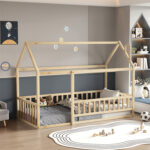 Montessori παιδικό κρεβάτι 90x190 από μασίφ ξύλο natural με κάγκελα.