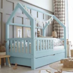 Κρεβάτι Montessori Bianco Plus Blue με συρτάρι, κάγκελα 30cm, 100x200cm.