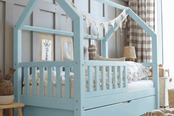 Κρεβάτι Montessori Bianco Plus Blue με συρτάρι, κάγκελα 30cm, 100x200cm.