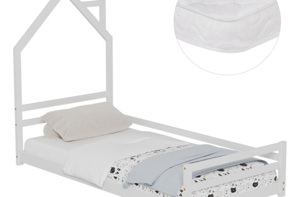 Λευκό ξύλινο κρεβάτι Montessori Houser με στρώμα 90x190cm, ιδανικό παιδικό κρεβάτι.