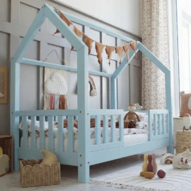 Κρεβάτι παιδικό Montessori Bianco Duo Blue Luletto 90x200 με κάγκελα.