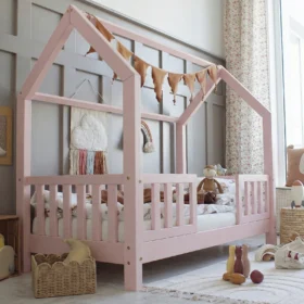 Κρεβάτι Παιδικό Montessori Bianco Duo Pink Luletto 90x200 με κάγκελα.