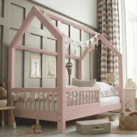 Κρεβάτι Montessori Piola σπιτάκι ροζ 90x200 Luletto με κάγκελα.