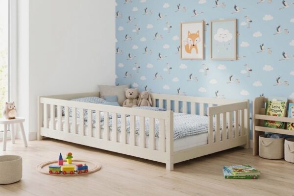Κρεβάτι Montessori Ivy 120x200 με κάθετα κάγκελα από μασίφ ξύλο.