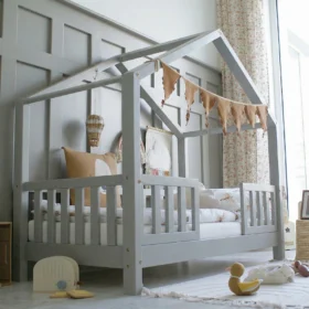 Παιδικό κρεβάτι Montessori House Bed Duo Luletto, ροζ, με κάγκελα.