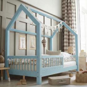 Παιδικό κρεβάτι Montessori Piola σπιτάκι με κάγκελα, γκρι Luletto.