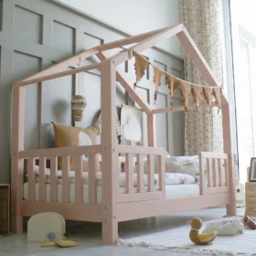 Κρεβάτι Montessori House Bed Duo Pink Luletto 90x200 με κάγκελα.