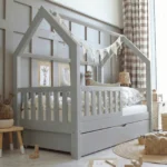 Παιδικό κρεβάτι Montessori Bianco Plus Pink με κάγκελα και συρτάρι.