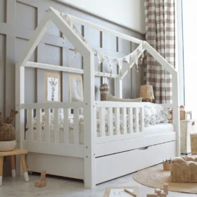 Luletto: Παιδικό κρεβάτι Montessori Bianco Plus White με κάγκελα και συρτάρι.