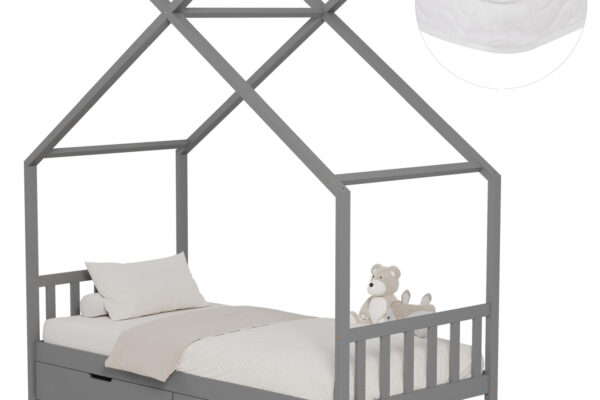 Κρεβάτι Montessori Klarice γκρι με συρτάρια, στρώμα 90x190 εκ. από μασίφ ξύλο.