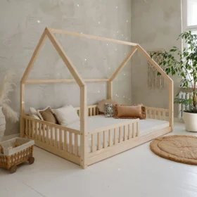 Παιδικό κρεβάτι Montessori Bianco Natural Luletto με κάγκελα, διάσταση 120x200cm.