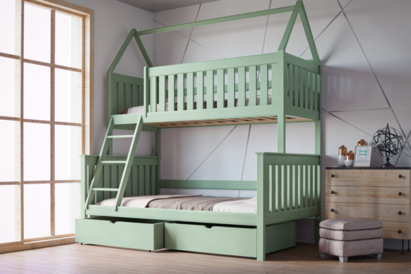 Κουκέτα Alvin Domek Green με ημίδιπλο: Πράσινη ξύλινη κουκέτα με οροφή, συρτάρια και διαστάσεις 90/120x200cm.