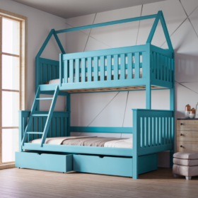 Κουκέτα Alvin Domek Blue με ημίδιπλο και συρτάρια: Μονή-ημίδιπλη κουκέτα από μασίφ ξύλο σε μπλε χρώμα, 90/120x200cm.