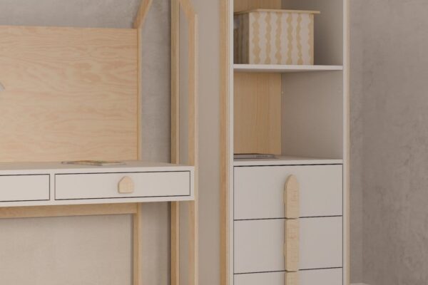 Παιδική βιβλιοθήκη House Luletto με συρτάρια, ξύλινη οροφή.