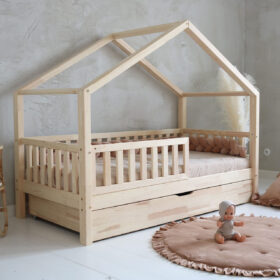 Παιδικό κρεβάτι Montessori Luletto Natural με κάγκελα και συρτάρι