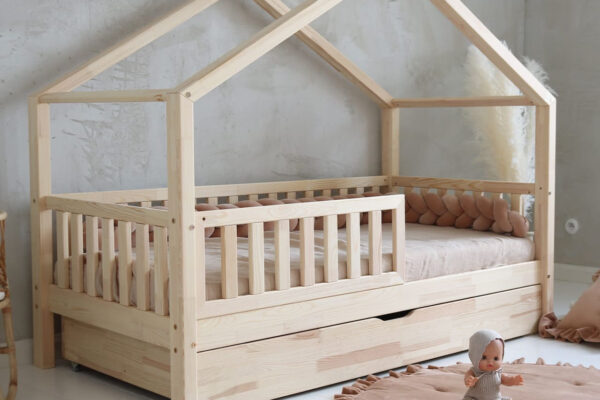 Παιδικό κρεβάτι Montessori Luletto Natural με κάγκελα και συρτάρι