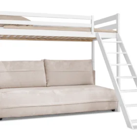 Λευκή κουκέτα Savio με πτυσσόμενο καναπέ-κρεβάτι από μασίφ ξύλο.