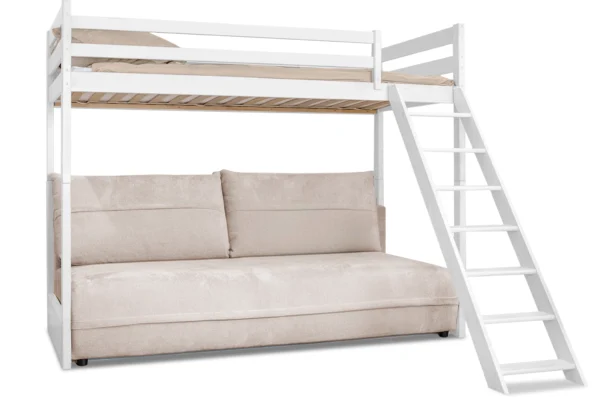 Λευκή κουκέτα Savio με πτυσσόμενο καναπέ-κρεβάτι από μασίφ ξύλο.