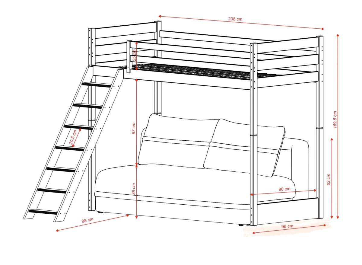 Κουκέτα Savio με καναπέ-κρεβάτι, μασίφ ξύλο Nadtural, 90x200/140x200cm.