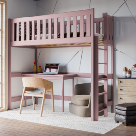 Ροζ υπερυψωμένο κρεβάτι Leon από μασίφ ξύλο 90x200cm