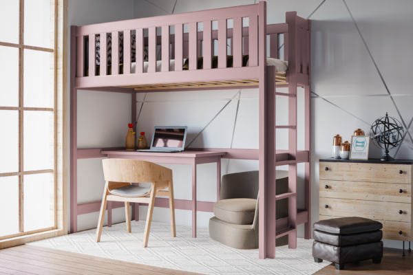 Ροζ υπερυψωμένο κρεβάτι Leon από μασίφ ξύλο 90x200cm