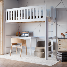 Υπερυψωμένο κρεβάτι Leon λευκό μασίφ ξύλο 90×200cm με σκάλα