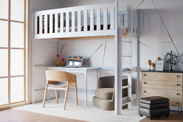 Υπερυψωμένο κρεβάτι Leon λευκό μασίφ ξύλο 90×200cm με σκάλα