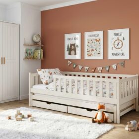 Κρεβάτι Καναπές Cola λευκό, μασίφ ξύλο, 90x200cm, με συρόμενο & συρτάρια