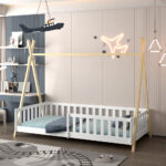 Κρεβάτι Montessori Munk από μασίφ ξύλο, λευκό και φυσικό, 90x190cm.