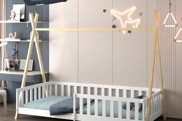 Κρεβάτι Montessori Munk από μασίφ ξύλο, λευκό και φυσικό, 90x190cm.