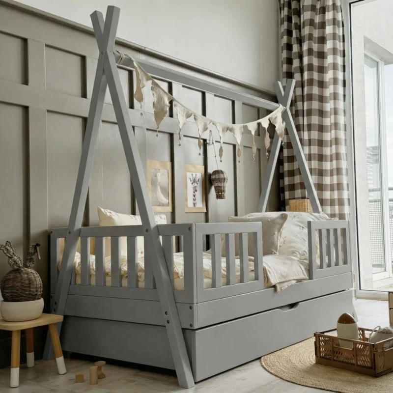 Παιδικό κρεβάτι Montessori Tipi Duo Plus Luletto με συρτάρι και κάγκελα.