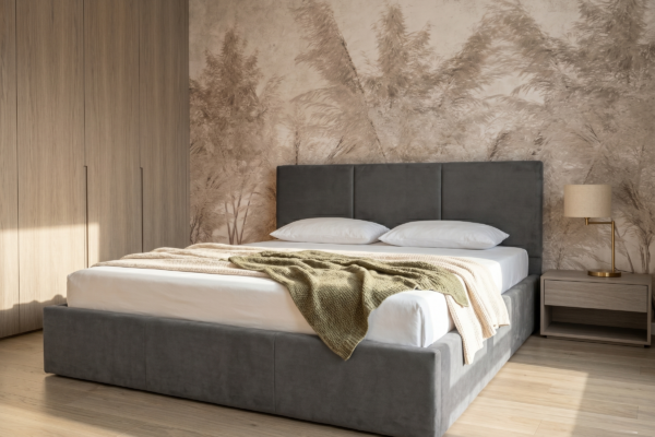 Διπλό κρεβάτι Haven 160x200cm, επενδεδυμένο γκρι ύφασμα
